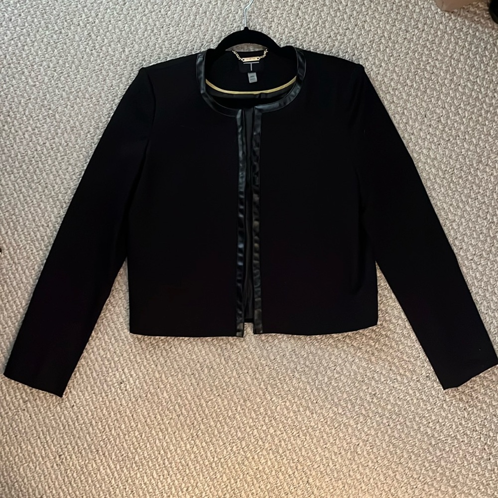 Brand new Tahari, black leather trim, cropped jacket